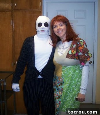 dressed up in homemade jack and sally Halloween costumes from Nightmare Before Christmas