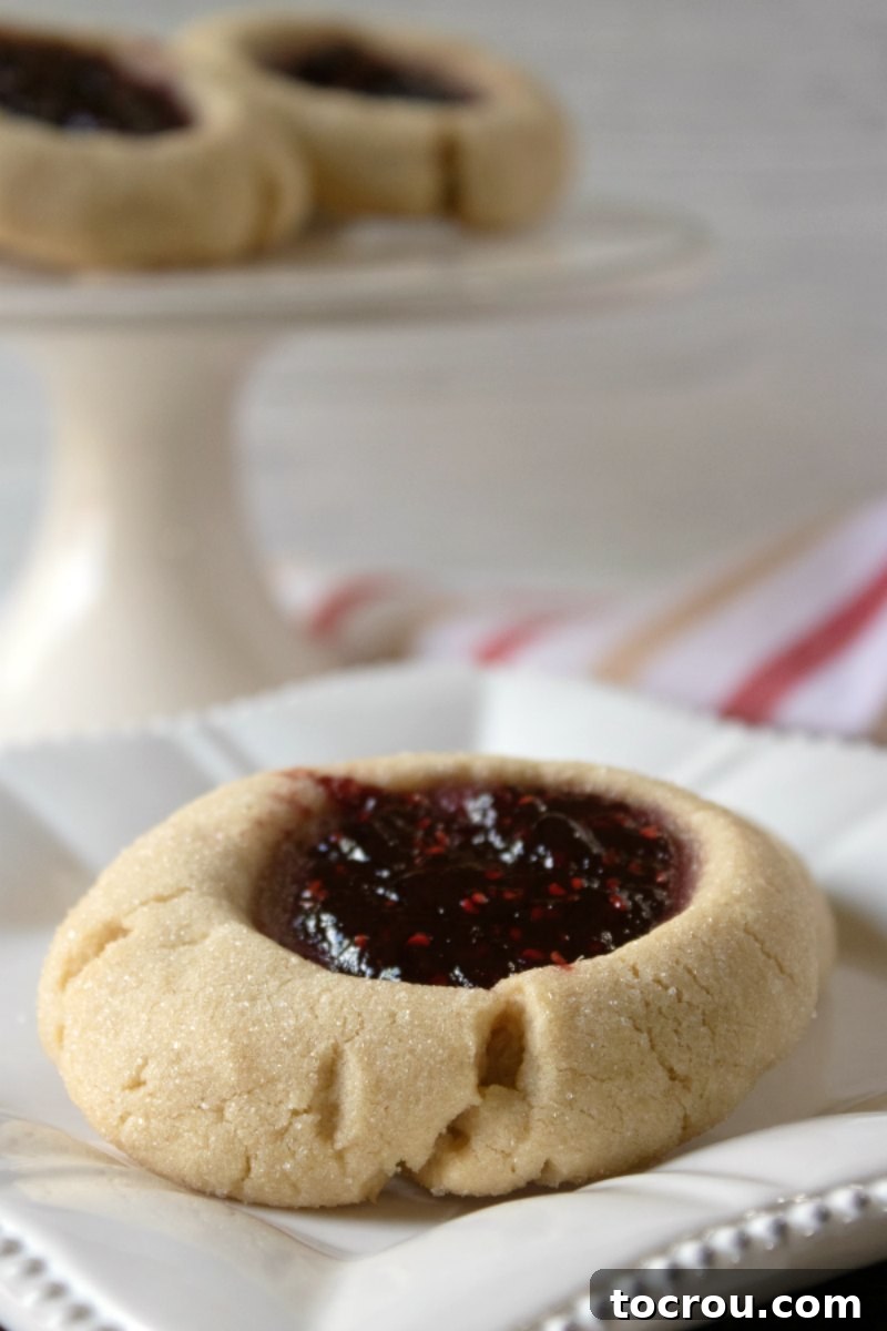 Jelly-Kissed Peanut Butter Bites 4 Close-up of a single peanut butter thumbprint cookie filled with vibrant fruit jam, resting on a small plate.