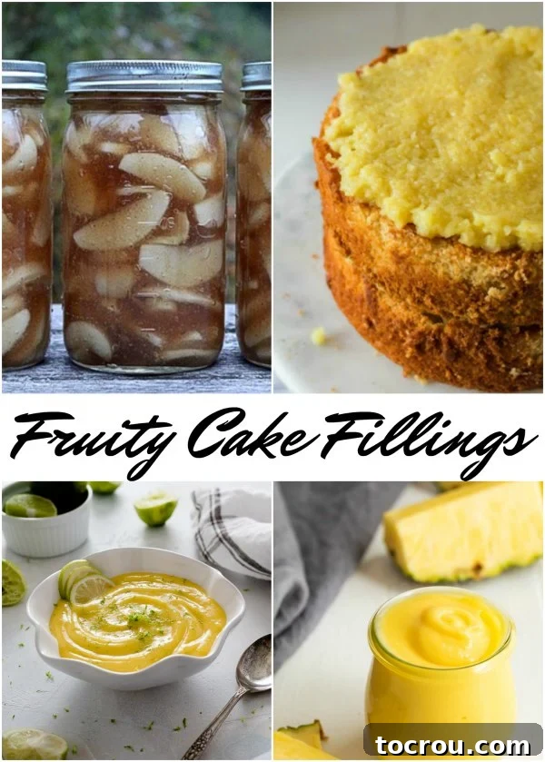 Fruity Cake and Cupcake Fillings A vibrant collage of fruity cake fillings, including refreshing options like apple filling, tangy pineapple filling, and zesty lemon curd.