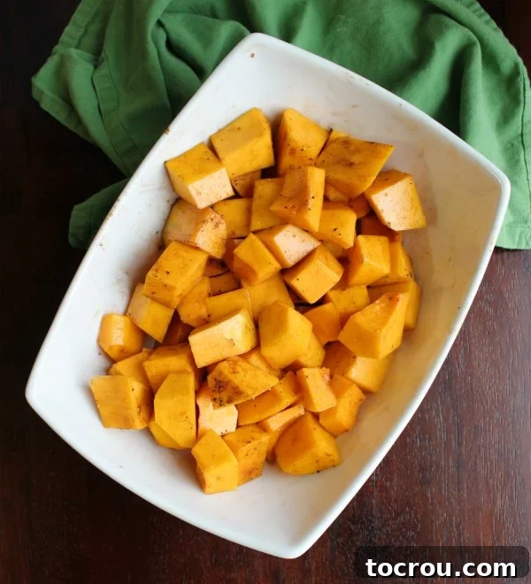 Make delicious roasted butternut squash quickly and easily in your air fryer. It is a great way to get a flavorful veggie side on your dinner plate! cubes of butternut squash tossed in oil and seasoning and ready to go into the air fryer.
