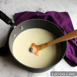 Cooling Panna Cotta Mixture yogurt panna cotta mixture in saucepan, cooling and ready to be spooned into serving glasses.