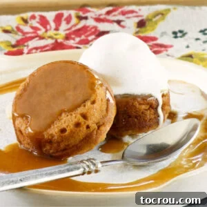 Two mini sweet potato cakes served with caramel sauce and a scoop of vanilla ice cream.
