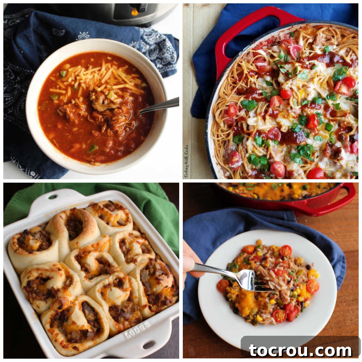 Collage of diverse dishes made from leftover pulled pork, including pulled pork chili, spaghetti, cheesy rolls, and a BBQ pulled pork rice skillet. Each image highlights a unique and appetizing way to repurpose the meat.