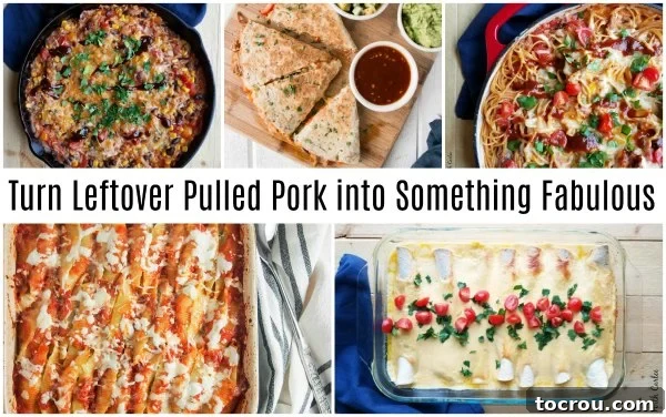 A vibrant collage showcasing multiple delicious recipes created with leftover pulled pork, from hearty mains to savory snacks.
