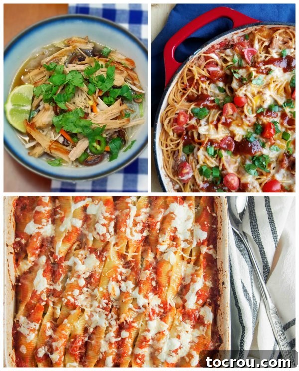 A culinary collage featuring appetizing leftover pulled pork dishes, including creamy pulled pork spaghetti, savory stuffed shells, and a flavorful Asian noodle bowl.