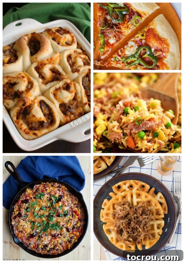 A diverse collection of leftover pulled pork recipes, including BBQ pulled pork pizza, savory pork and cheese buns, hearty pork fried rice, and pulled pork on cornmeal waffles.
