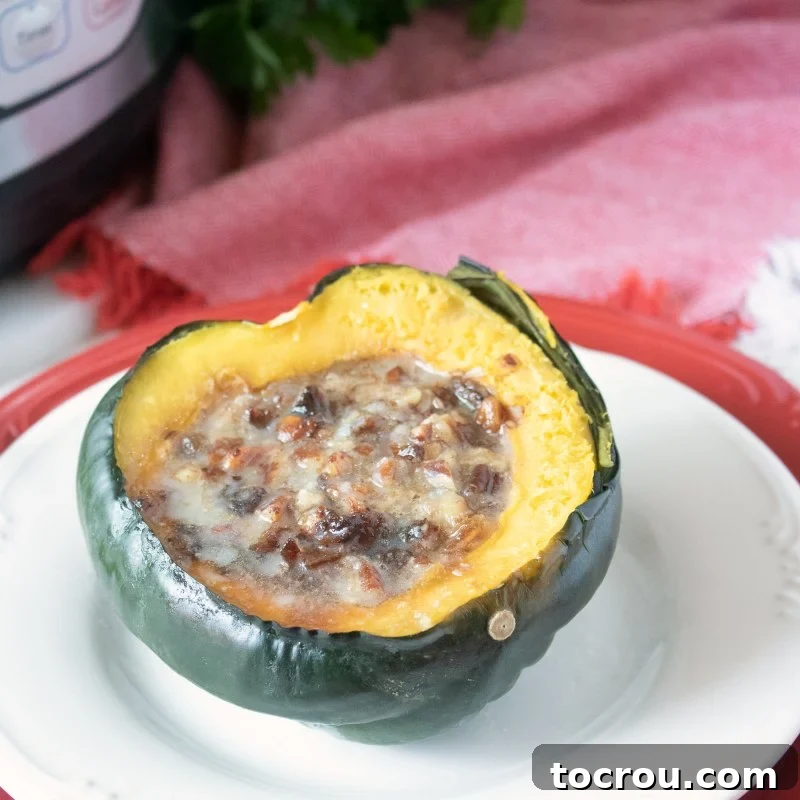 Close-up of a perfectly cooked acorn squash half, beautifully stuffed with dates, pecans, and glistening brown sugar.