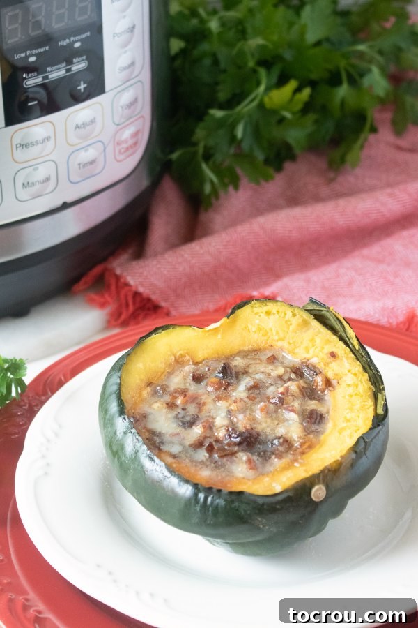 Cooked acorn squash half, stuffed with dates, pecans, and brown sugar, presented beautifully in front of an Instant Pot.