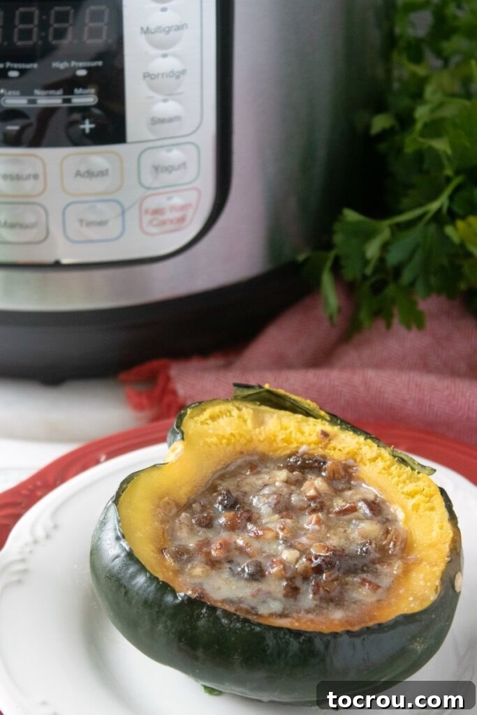 Close-up of a brown sugar and pecan-stuffed acorn squash, perfectly cooked and glistening, a delicious Instant Pot creation.