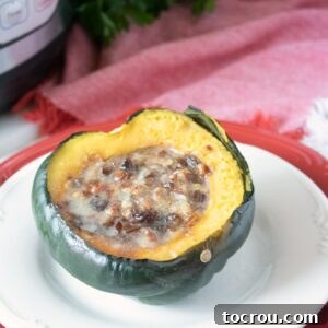 Close-up of an acorn squash half, stuffed with dates, pecans, and brown sugar, ready to be cooked to perfection.