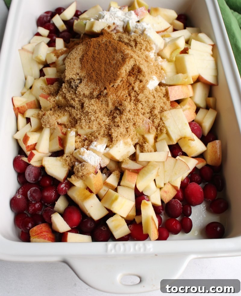 apple and cranberries in baking dish with brown sugar and cinnamon for making crisp.