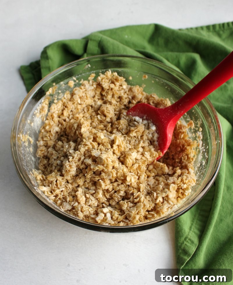bowl of oat topping for cranberry apple crisp.