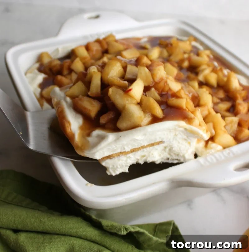 Luscious No-Bake Caramel Apple Cake 4 first piece of no bake caramel apple yum yum on plate in front of pan of remaining dessert.