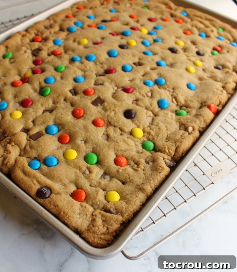 Irresistible Chewy Salted Caramel M and M Blondies 5 sheet pan full of blondies dotted with candies