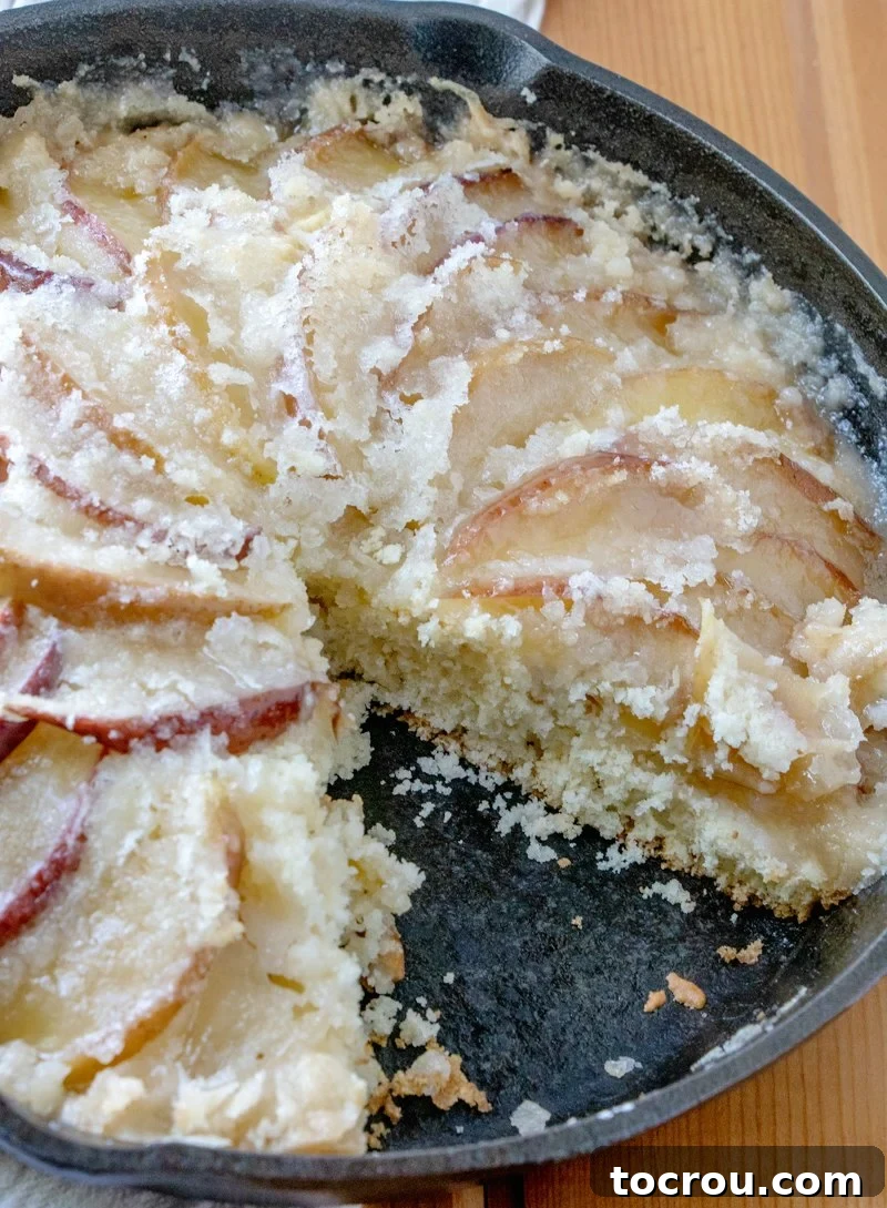 A warm Dutch Apple Cake, baked to perfection in a cast iron skillet, with a slice removed for serving. cast iron skillet full of dutch apple cake with buttery topping with one slice missing.