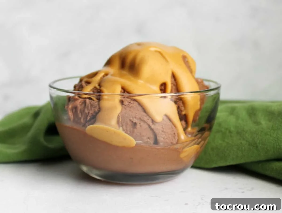 Chocolate Peanut Butter Nice Cream with Magic Shell A glass bowl filled with scoops of chocolate peanut butter nice cream, elegantly drizzled with a rich peanut butter magic shell on top, ready to be enjoyed.