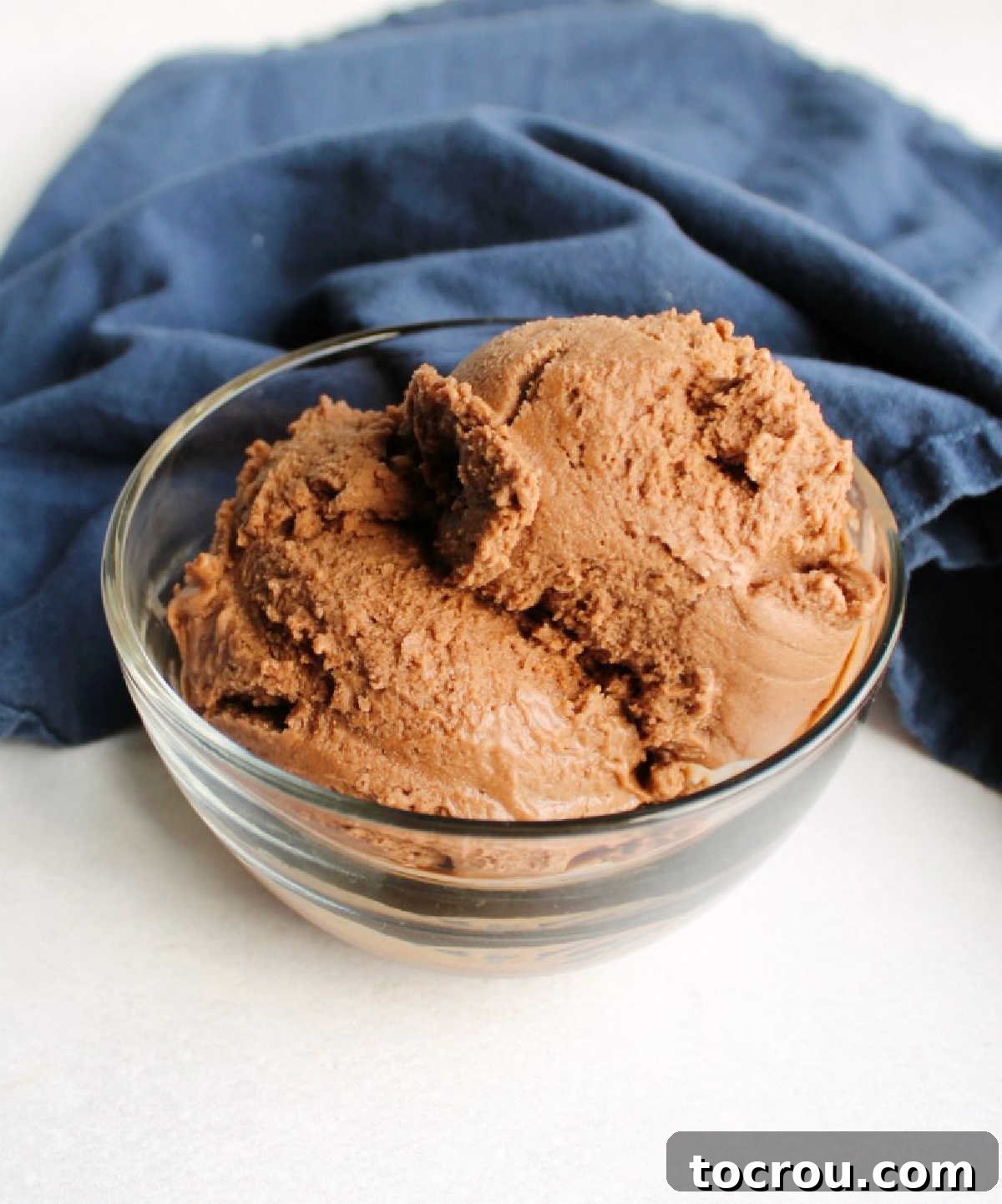 Chocolate Peanut Butter Nice Cream in a Bowl A small glass bowl generously filled with perfectly scooped chocolate peanut butter nice cream, showcasing its rich texture and inviting color.