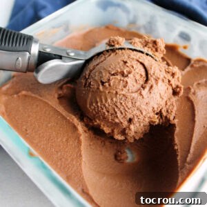 A scoop of rich chocolate peanut butter nice cream being served, showcasing its smooth, creamy texture and deep brown color. Perfect for a healthy dessert.