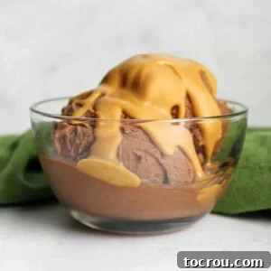 Small bowl of chocolate peanut butter nice cream with peanut butter magic shell on top