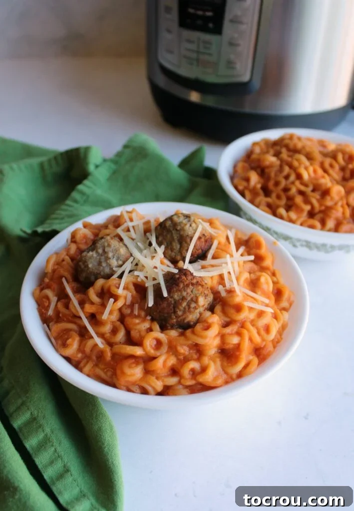 Gourmet Homestyle: Instant Pot Spaghettios with Meatballs and Parmesan A close-up shot of a bowl of homemade copycat Spaghettios, generously topped with savory meatballs and delicate shreds of Parmesan cheese, positioned in front of a shining Instant Pot.