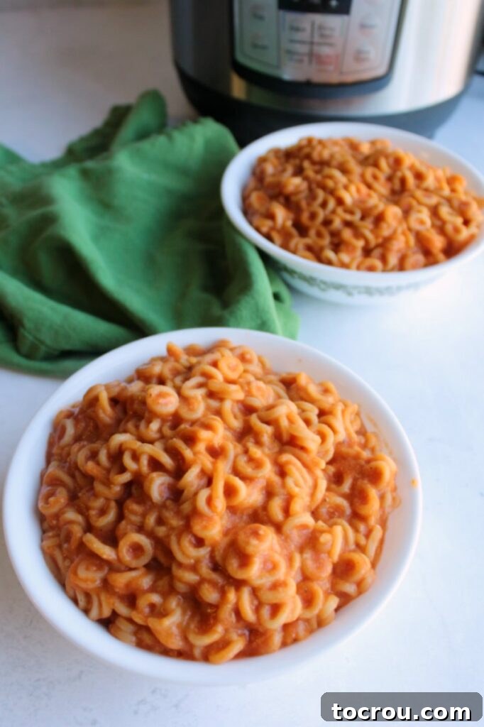 Comfort in a Bowl: Classic Spaghettios Reimagined with Hearty Meatballs An overhead view of a tempting bowl of homemade Spaghettios, glistening with cheesy tomato sauce, adorned with perfectly cooked meatballs and a sprinkle of fresh cheese.