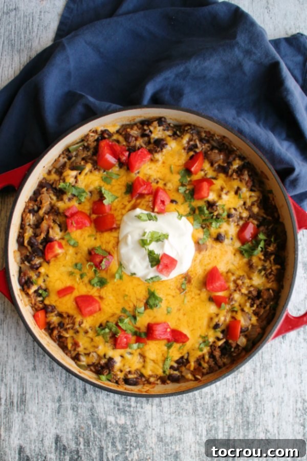 Taco Rice Skillet Fiesta 4 skillet full of one pan taco rice skillet meal topped with melted cheese, chopped tomatoes, cilantro and sour cream