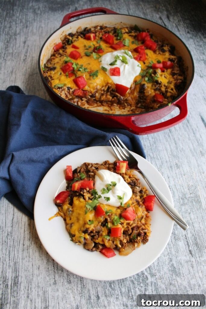 Taco Rice Skillet Fiesta 5 plate of one pan taco rice skillet meal topped with sour cream, tomatoes and cilantro in front of red cast iron skillet full of remaining dish