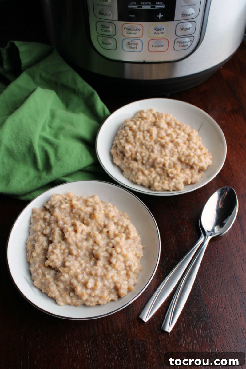 Bowls of maple cinnamon steel cut oatmeal in front of Instant Pot pressure cooker.