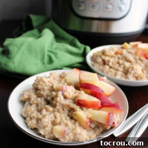 Two bowls of creamy maple cinnamon steel cut oatmeal with fresh peaches on top in front of an Instant Pot.