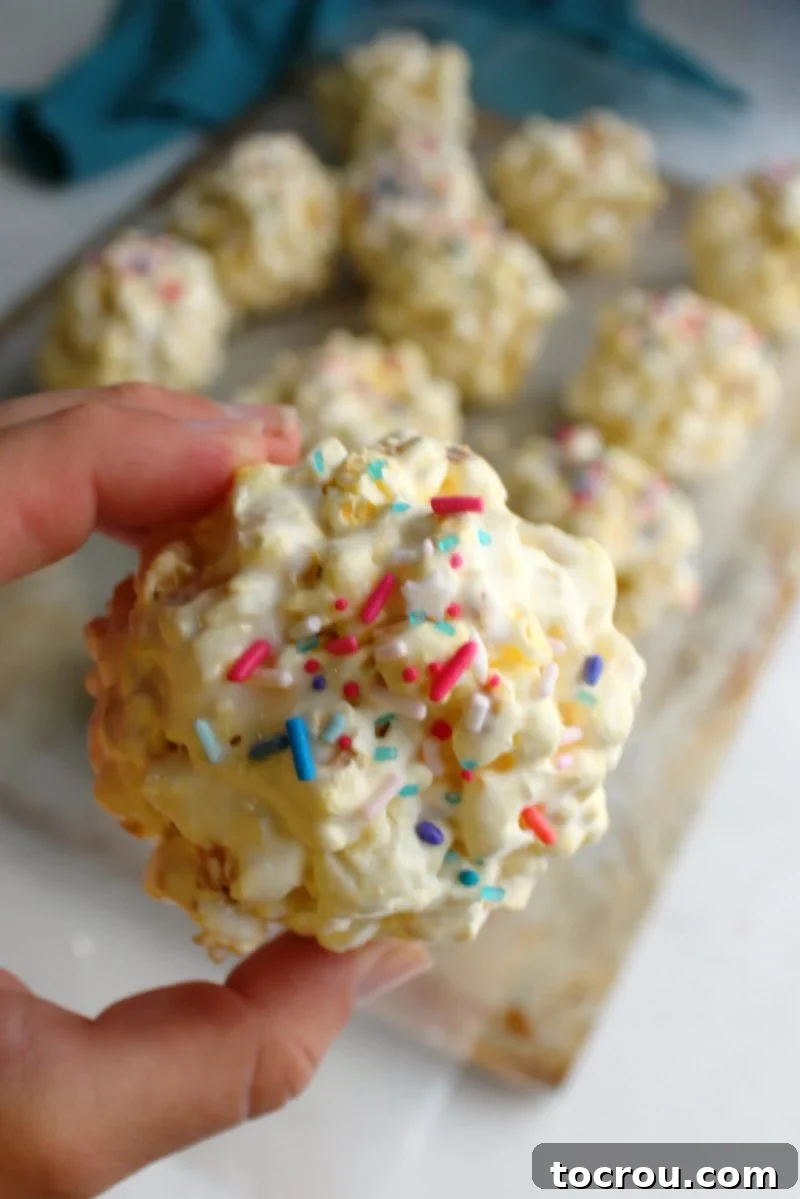 Marshmallowy Popcorn Delights 6 hand holding a sprinkle topped marshmallow popcorn ball with remaining popcorn balls in the background.