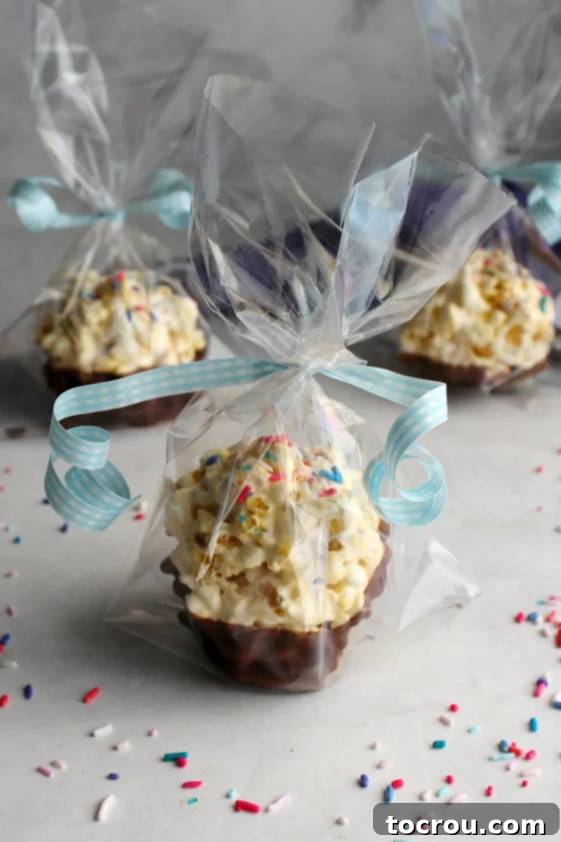 Marshmallowy Popcorn Delights 8 cellophane wrapped chocolate dipped marshmallow popcorn balls with sprinkles and curling ribbon.