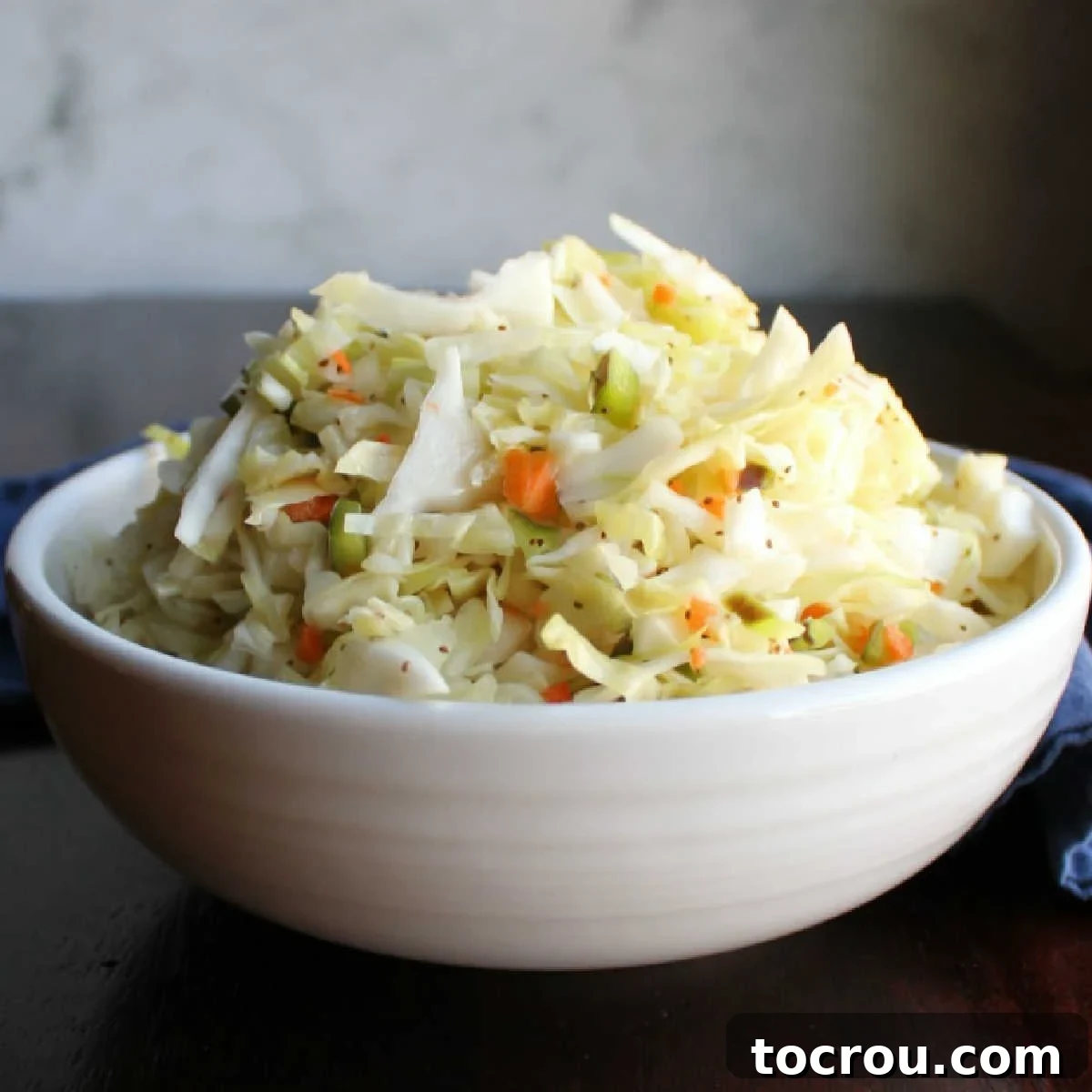 Close-up of a white serving bowl loaded with tangy vinegar-based coleslaw, showcasing its fresh vegetables.