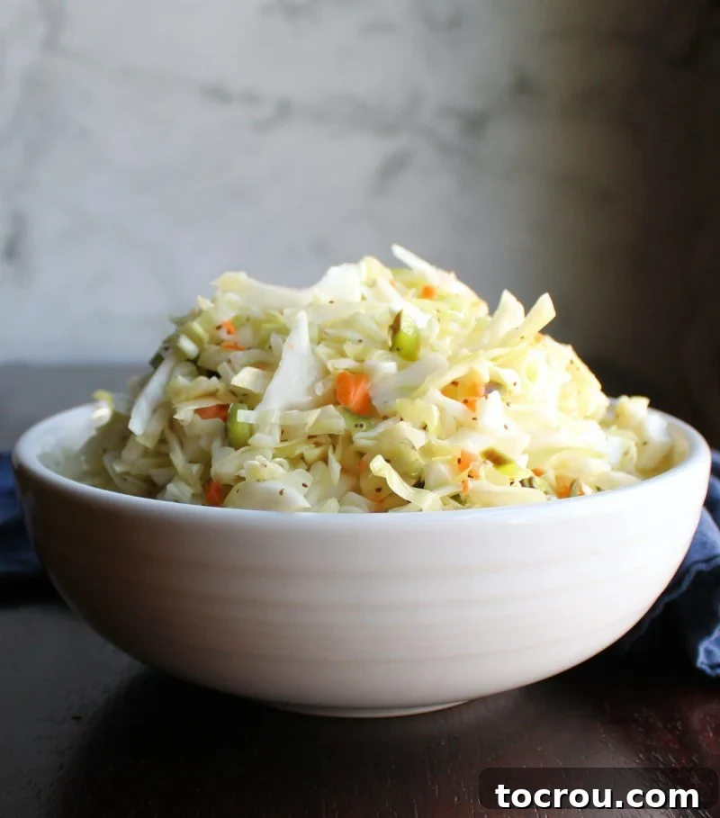 Bowl of tangy vinegar-based coleslaw with bell pepper, carrots, onion and cabbage.