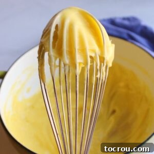 Warm, smooth, thick custard mixture on whisk, ready to be chilled.