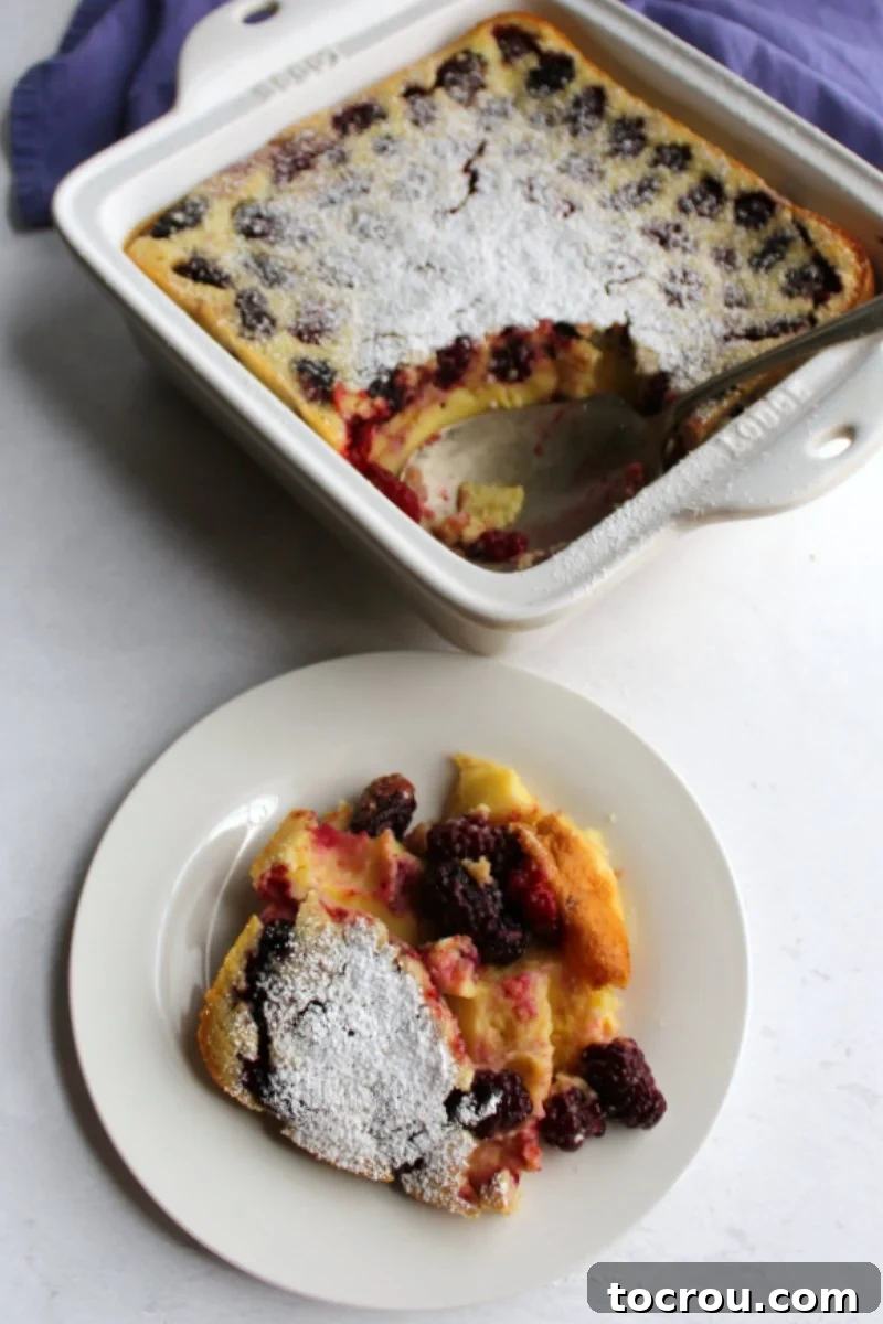 Blackberry Clafoutis Serving A perfectly portioned serving of blackberry clafoutis on a white plate, with the remaining clafoutis in the pan in the background.