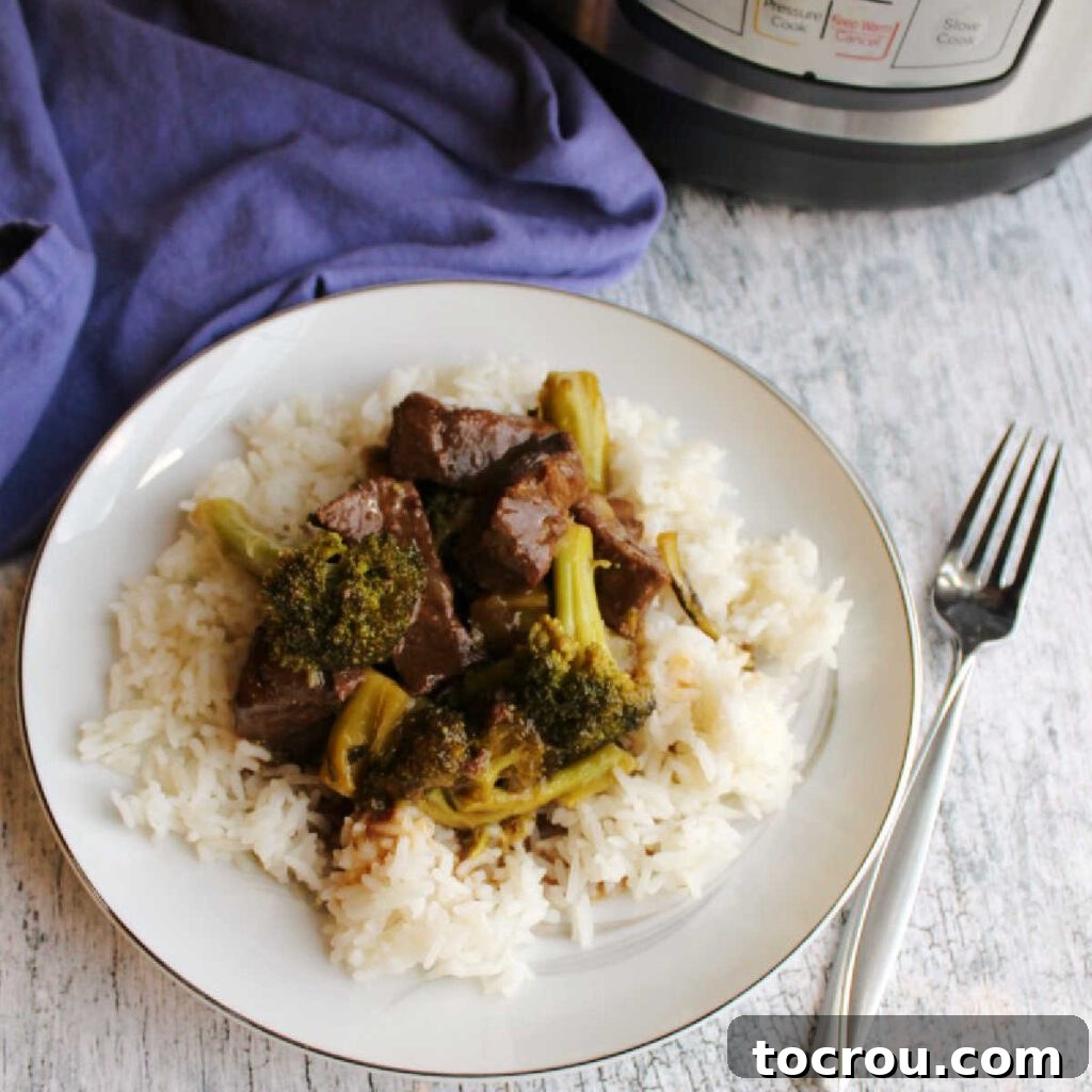 Backstrap and Broccoli: Crockpot and Instant Pot Versatility 4 A delicious plate of venison and broccoli served on a bed of rice, with the Instant Pot prominently featured in the blurred background, suggesting a quick and easy preparation.