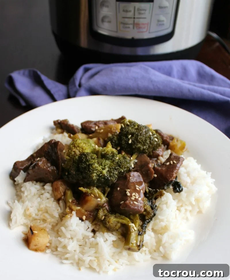 Backstrap and Broccoli: Crockpot and Instant Pot Versatility 5 Another close-up view of the appetizing venison and broccoli served over rice, with the warm hues of the Instant Pot creating a cozy backdrop.