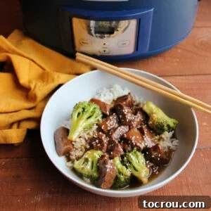 A mouth-watering bowl of rice topped with tender venison and crisp broccoli, garnished with sesame seeds and accompanied by chopsticks, with the slow cooker in the background.