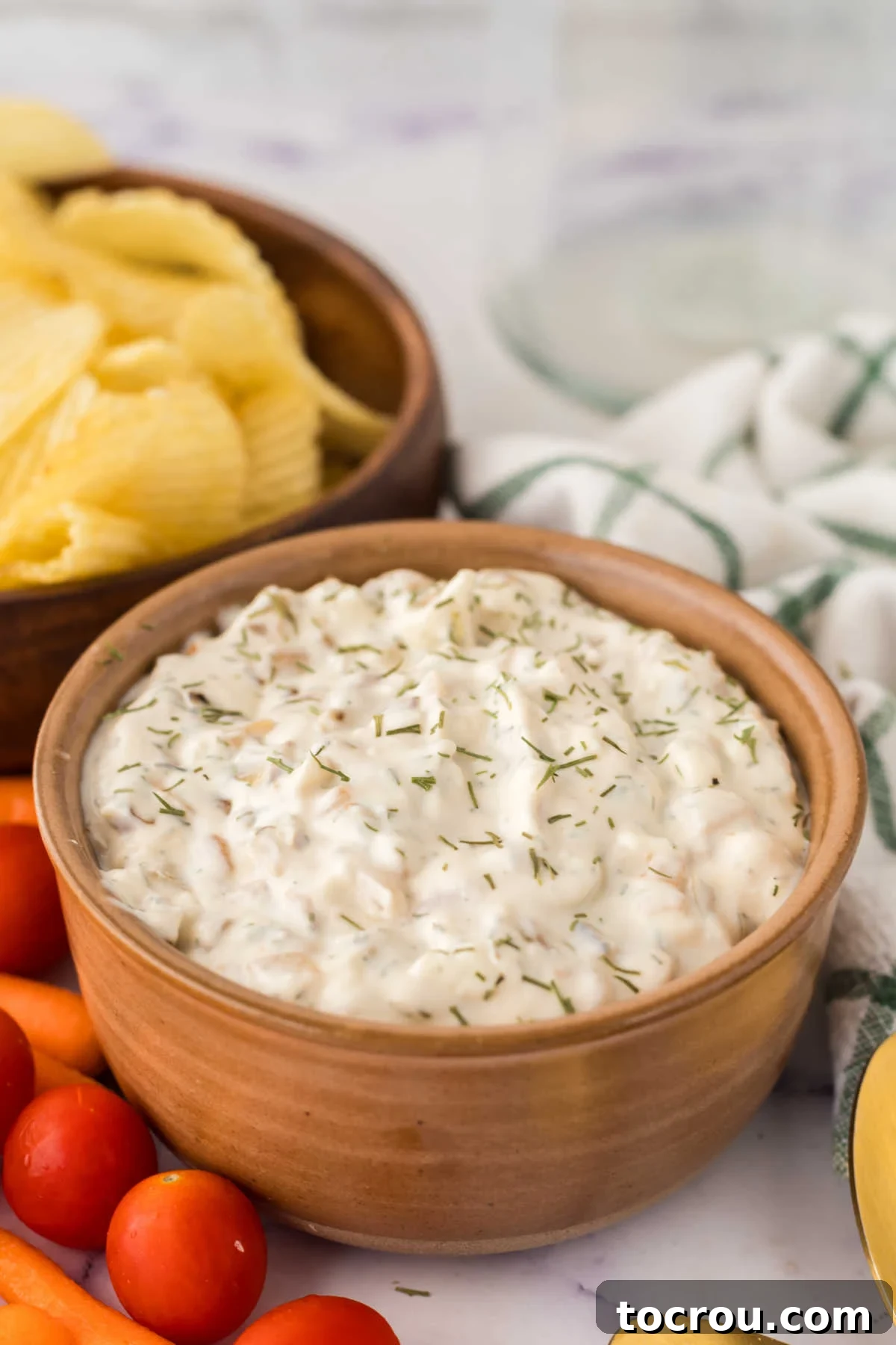 Ready-to-Serve Caramelized Onion Chip Dip with Fresh Dill Bowl of creamy caramelized onion chip dip garnished with a sprinkling of dill.