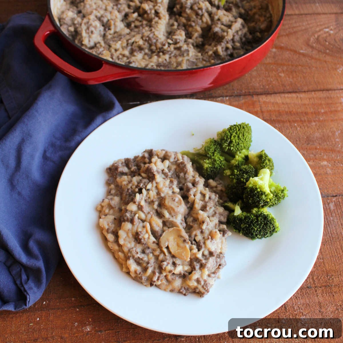 Hearty Creamy Venison Mushroom Rice 2 Dinner plate with creamy rice with venison and mushrooms served with steamed broccoli.