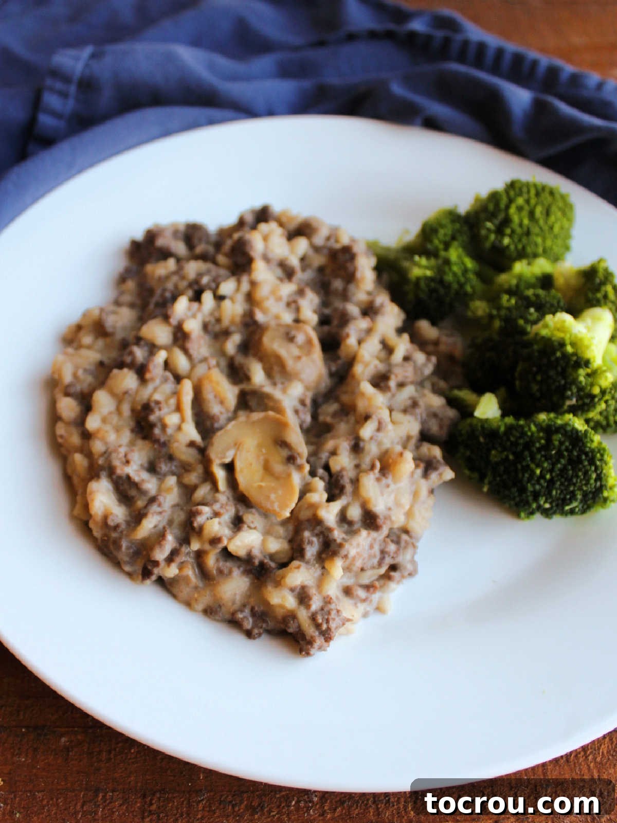 Hearty Creamy Venison Mushroom Rice 3 Served creamy rice showing the creamy texture with bits of mushroom and deer meat mixed into the rice.