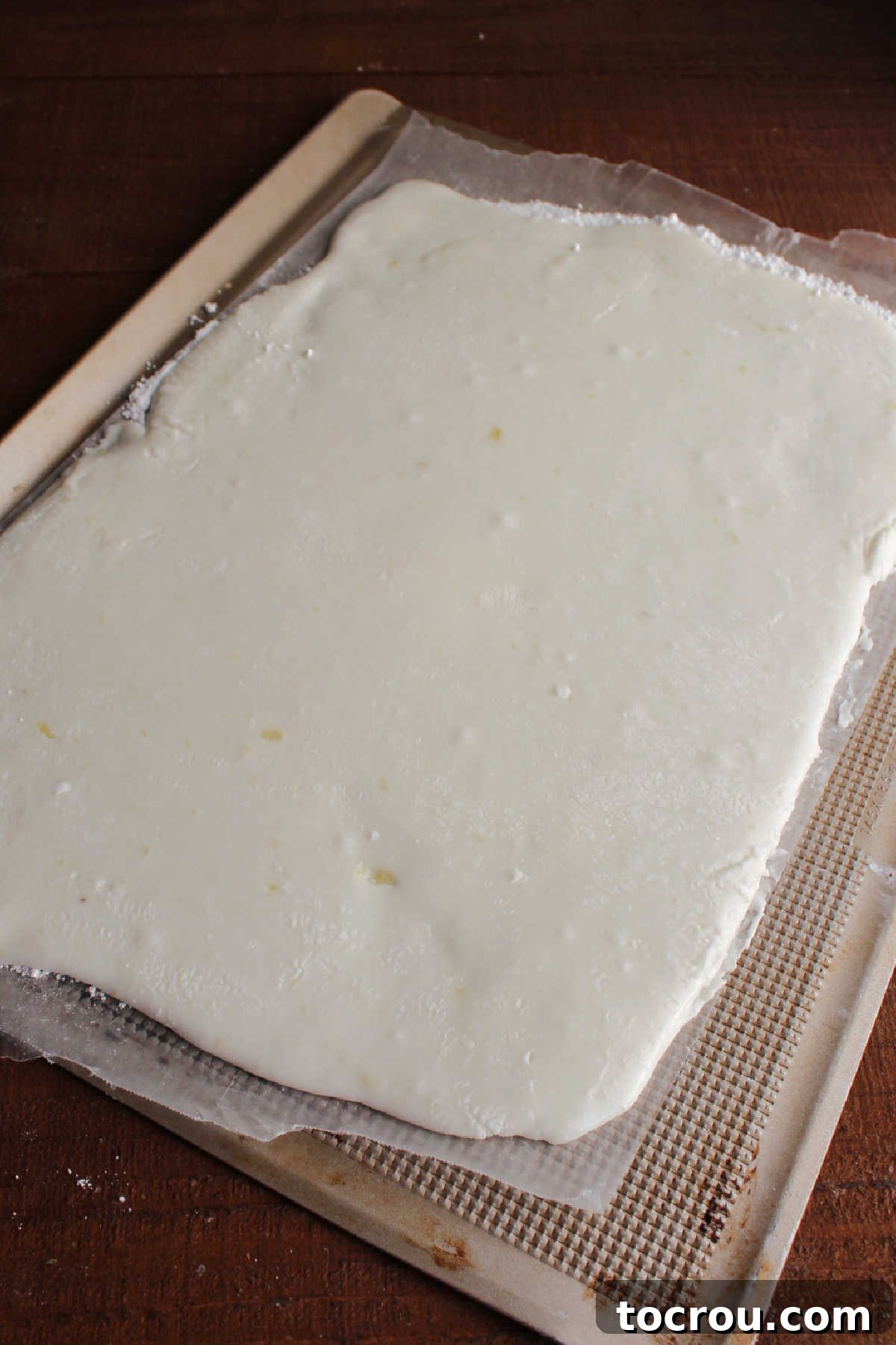 Rolled Potato Candy Sheet Mashed potato mixture rolled into a thin rectangle on a sheet of wax paper.