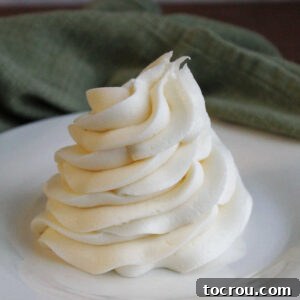 Piped ruffled swirl of decorator's cream cheese frosting on plate showing smooth creamy texture and ability to hold its shape.