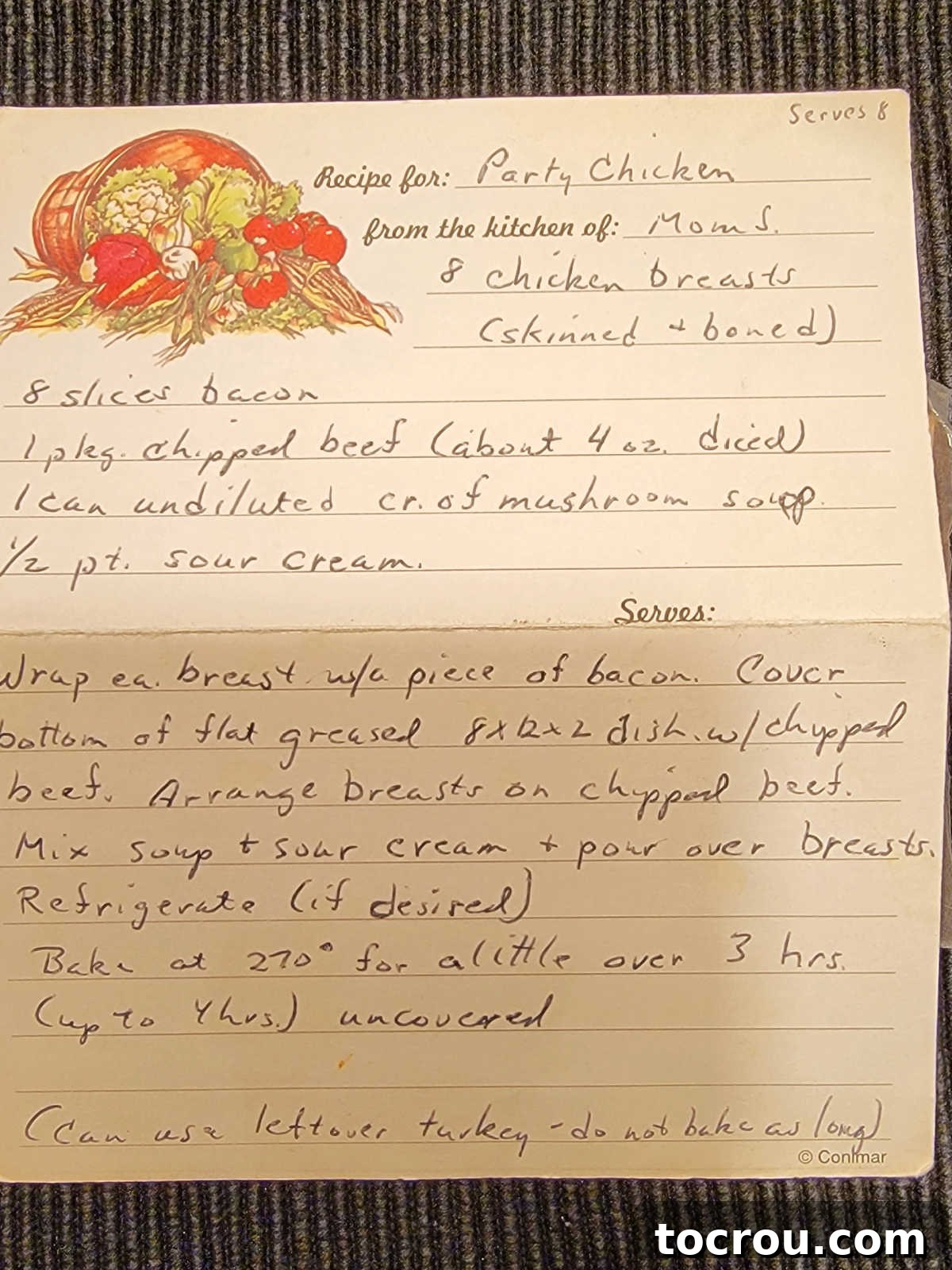 Grandma's recipe card for party chicken with hand written recipe.