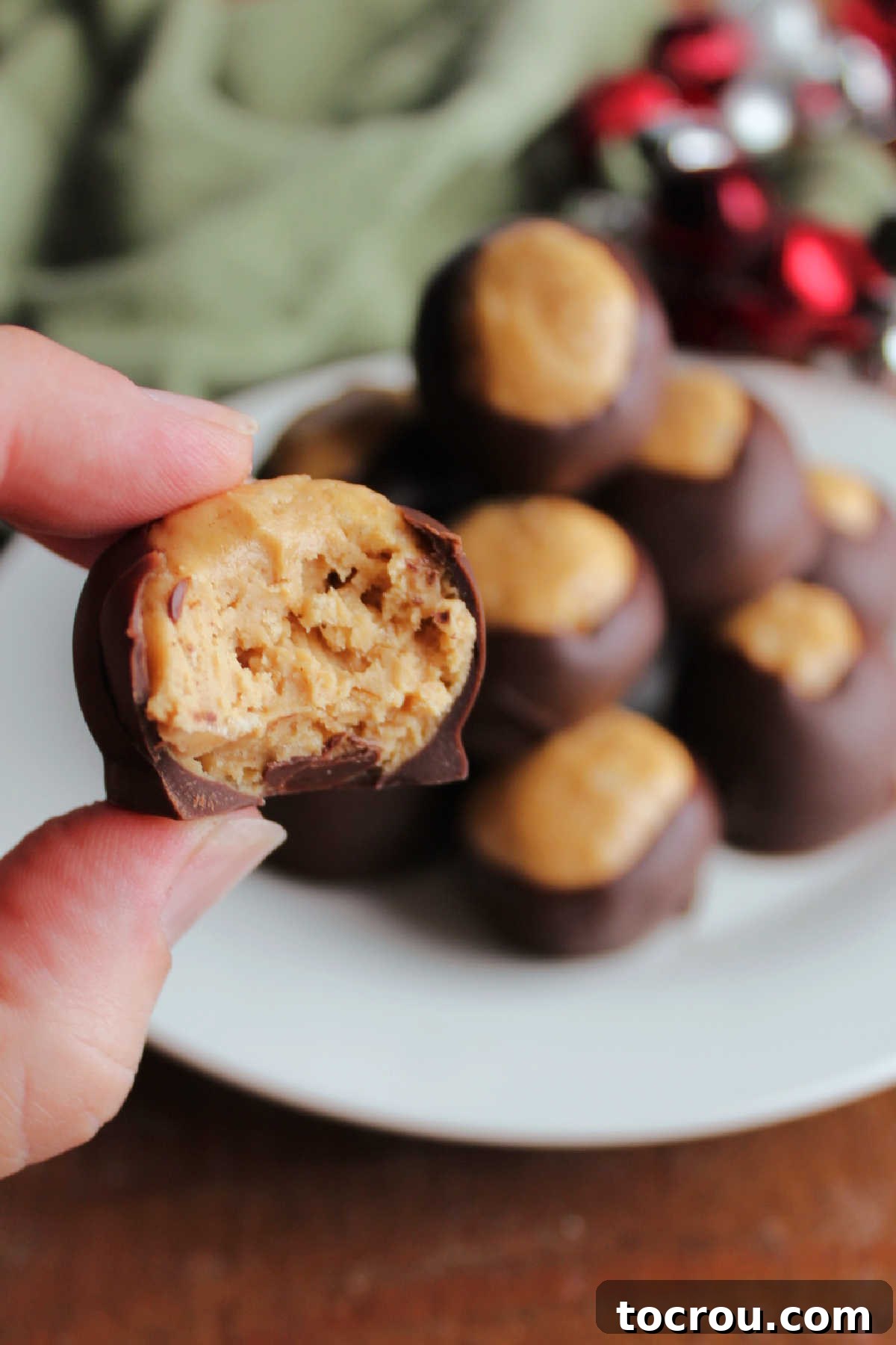 Rice Krispie Crunch Buckeyes 11 Hand holding a buckeye with a bite missing showing crunchy peanut butter center with bits of cereal coated in chocolate shell.