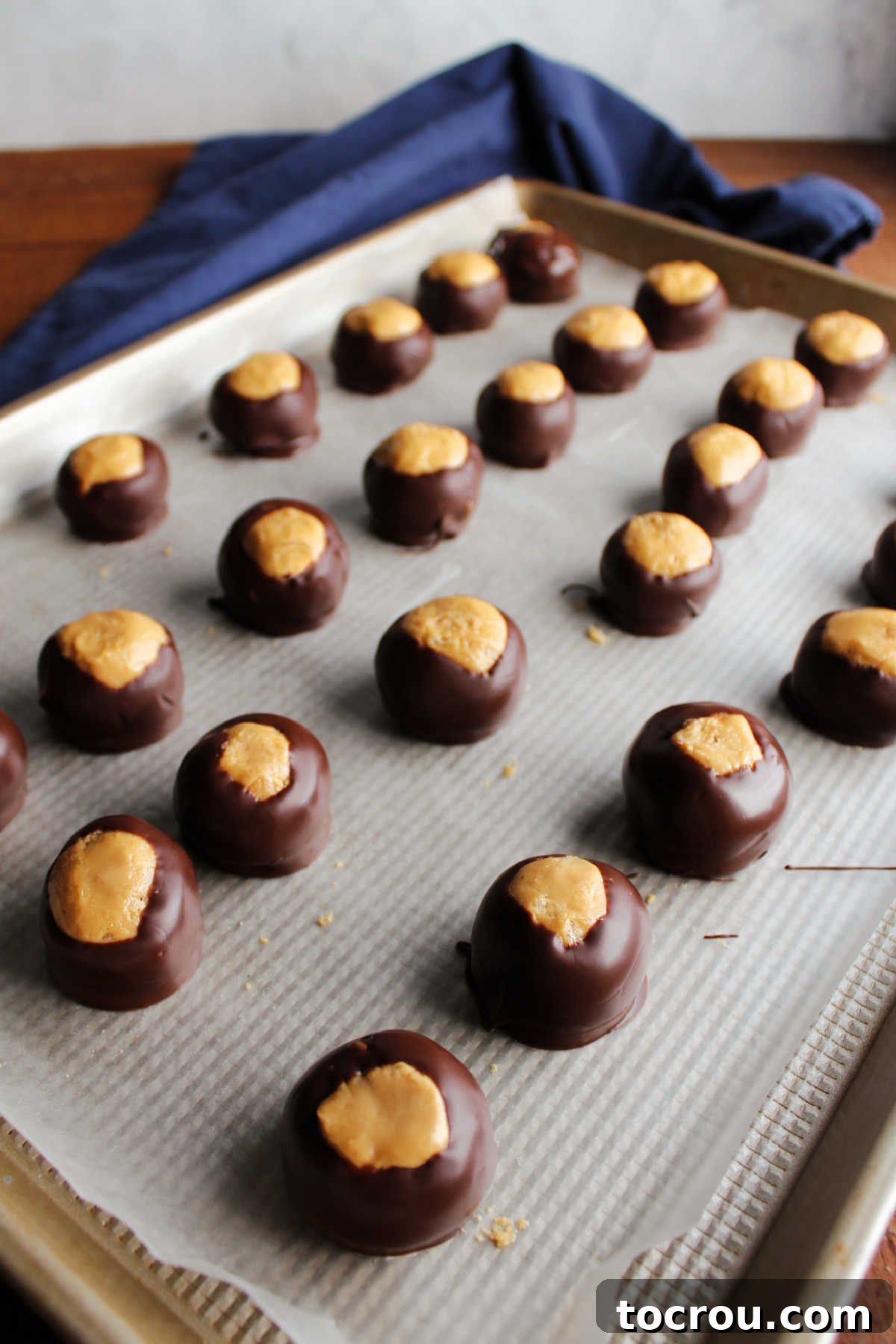Rice Krispie Crunch Buckeyes 10 Tray of chocolate dipped peanut butter balls setting up.