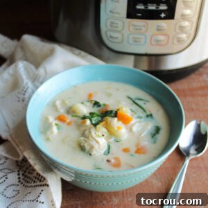 Bowl of creamy chicken gnocchi soup with carrots and spinach sitting in front of an Instant Pot.