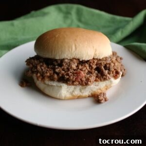 Crumbled sloppy joe meat with tomato sauce on bun, ready to eat.