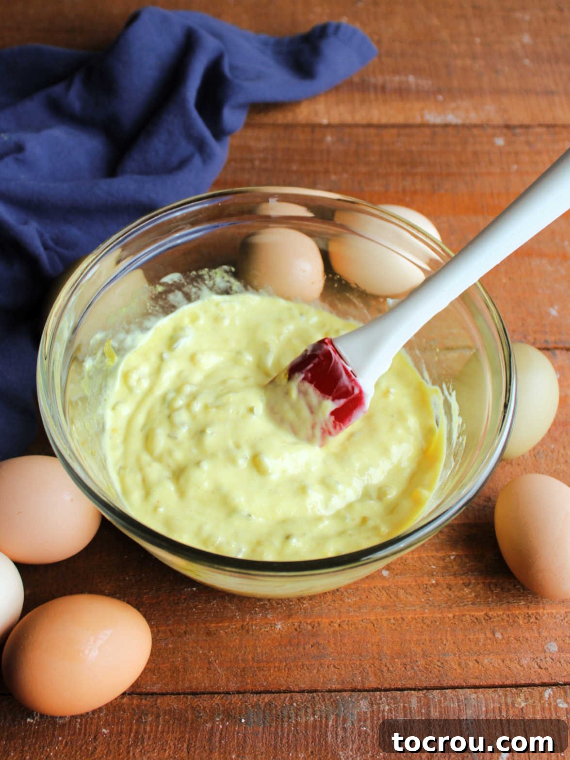 Glass mixing bowl with egg salad dressing mixture made from miracle whip, mustard, and pickle relish.