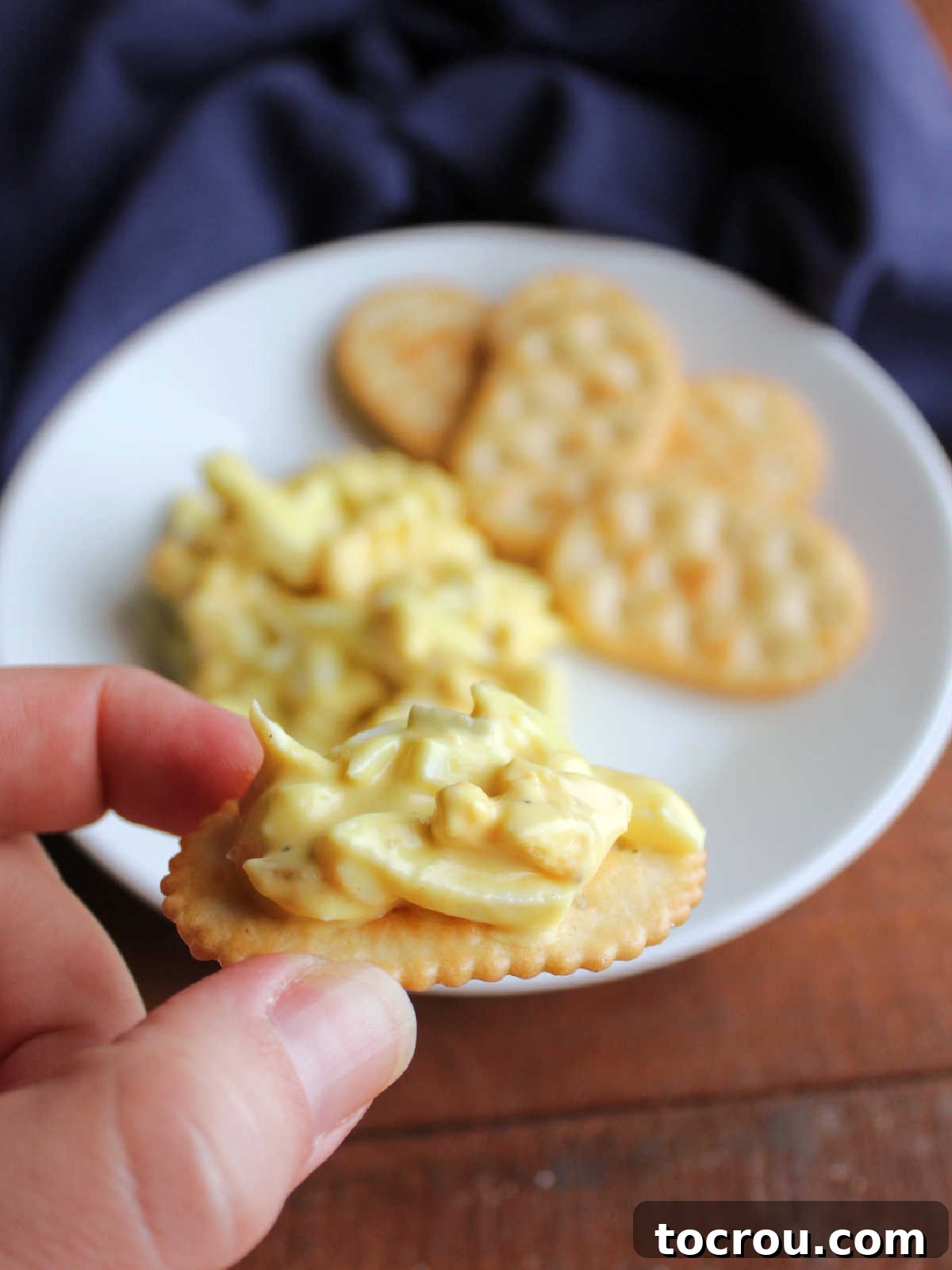 Hand holding a cracker topped with homemade egg salad.
